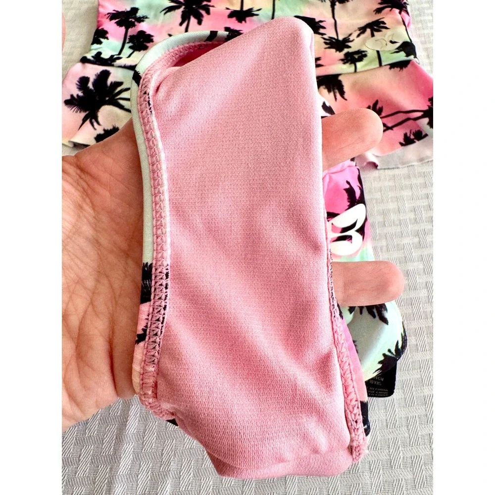 Hurley Girls Pink Green Palm Tree Sunset Bikini Set 2 Piece Swimsuit Size 7/8